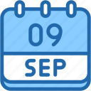 calendar, september, nine, date, monthly, time, and, month, schedule