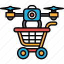 drone, hovering, shopping, cart, camera, ready, market, business, buy