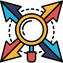 colorful, arrows, pointing, different, directions, magnifying, middle, glass, exploring
