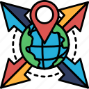globe, red, dot, pointing, different, world, directions, global, network