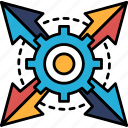 gear, arrows, pointing, different, directions, blue, orange, red, yellow