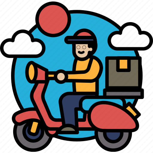 Man, riding, scooter, box, back, smiling, delivery icon - Download on Iconfinder