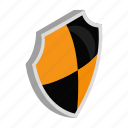 emblem, isometric, protection, security, shield, silver, yellow