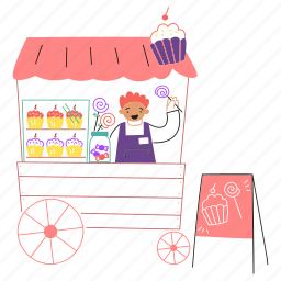 bakery, cupcake, kiosk, fair, store, market, banner, candy, shopping, lollipop, stand 
