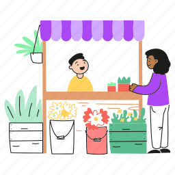 stand, shopping, fair, plant, client, store, product, market, seller, pot, florist, kiosk, flower 