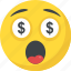 dollar eyes emoji, greedy, happy face, money face, rich 