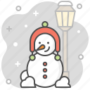 snowman, winter, waiting, alone, lamppost, roadside, snowflake