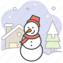 snowman, cottage, pine tree, rural, hat, scarf, hut