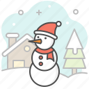 snowman, hut, cottage, santa, hat, scarf, pine tree