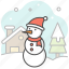 snowman, hut, cottage, santa, hat, scarf, pine tree 