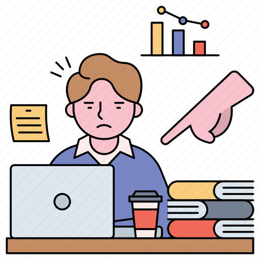 Employee, freelancer, stressed, work load, social issues, books, laptop icon - Download on Iconfinder