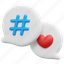 hashtag, heart, bubble, social, media, network, 3d, illustration 
