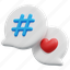 hashtag, heart, bubble, social, media, network, 3d, render 