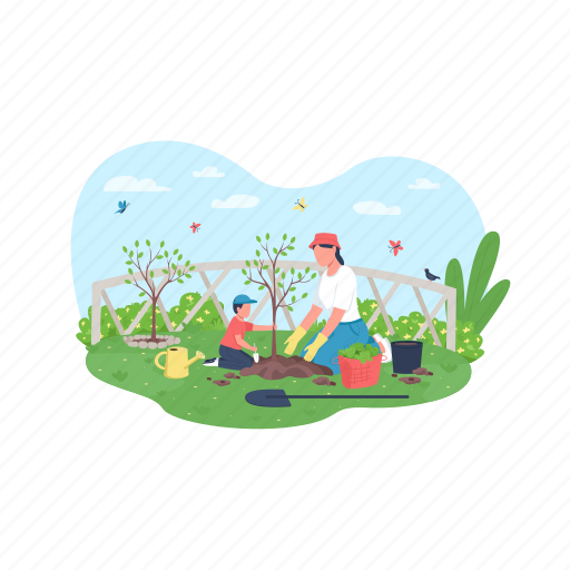 Mother, son, plant, tree, spring illustration - Download on Iconfinder