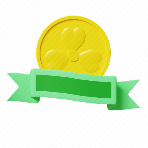 Gold coin, ribbon, decoration, patrick, event 3D illustration - Download on Iconfinder
