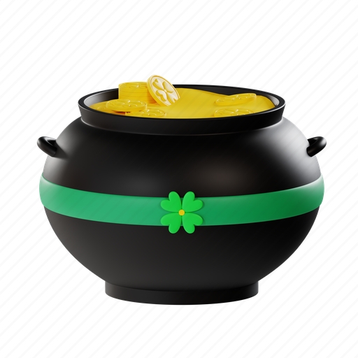 Back pot, gold coins, cherish, patrick, decoration, luck 3D illustration - Download on Iconfinder