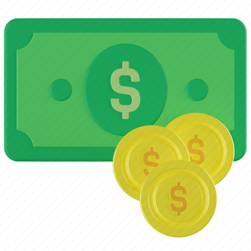 Money, cash, dollar, coins, wealth, currency, finance 3D illustration - Download on Iconfinder