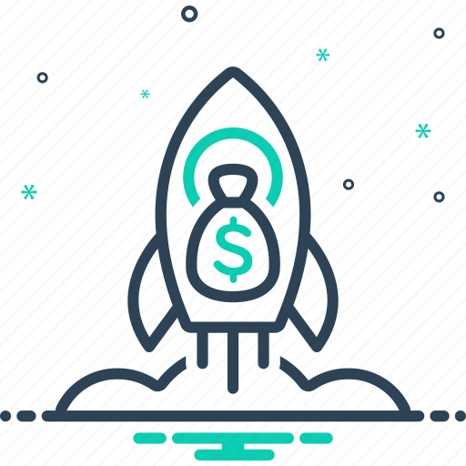 Begin, flame, launch, rocket space ship with money bag of dollars, start, startup, technology icon - Download on Iconfinder