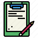 clipboard, page, paper, pencil, stationery