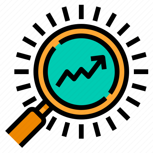 Analytics, stock, market, volume, magnifying, glass, uptrend icon - Download on Iconfinder