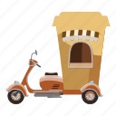 cafe, cartoon, illustration, mobile, moped, val94, vector