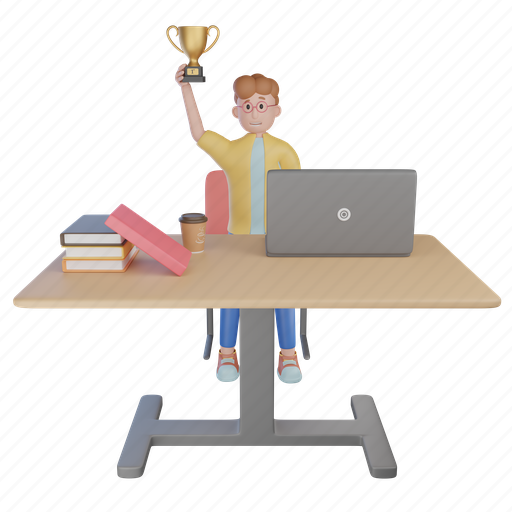 College, student, with, trophy, winning, first, place 3D illustration - Download on Iconfinder