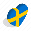 country, flag, heart, isometric, love, national, sweden