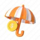 insurance, money insurance, umbrella, protection, coin, finance, business, money, 3d icon