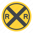 rail, crossing, warning, road, sign, traffic, label