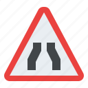 road, ahead, narrows, warning, sign, traffic, label