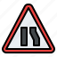 road, narrows, from, right, ahead, warning, sign, traffic, label 