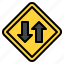 two, way, traffic, warning, road, sign, label 