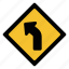 arrow, curve, direction, left, sign, traffic, warning 