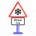 road sign, road post, beware of snow, rhew ice, snow caution 