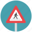 pedestrian, pedestrian crossing, reduce speed, speed, traffic sign, warning, warning sign 