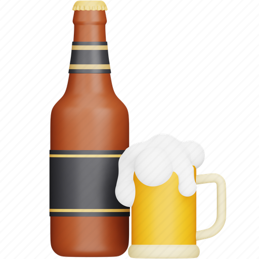 Beer, bottle, beverage, alcohol, drink, glass 3D illustration - Download on Iconfinder