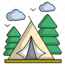 camping tent, pine trees, clouds, scenery, weather, camp area, forest 