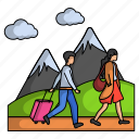 mountain, scenery, landscape, barefoot, walking, husband wife, trolley bag 