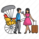 travelling cart, city travel, woman, asking, man, trolley bag 