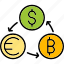 currency, exchange, change, converter, dollar, euro, financial, icon, crypto, bitcoin, blockchain 
