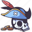 skull, pirate, death, head, skeleton, bone, captain, hat, coins 