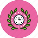 achievement, award, badge, clock, deadline, time, wreath