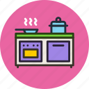 cooker, furniture, interior, kitchen, oven, pan, stewpot