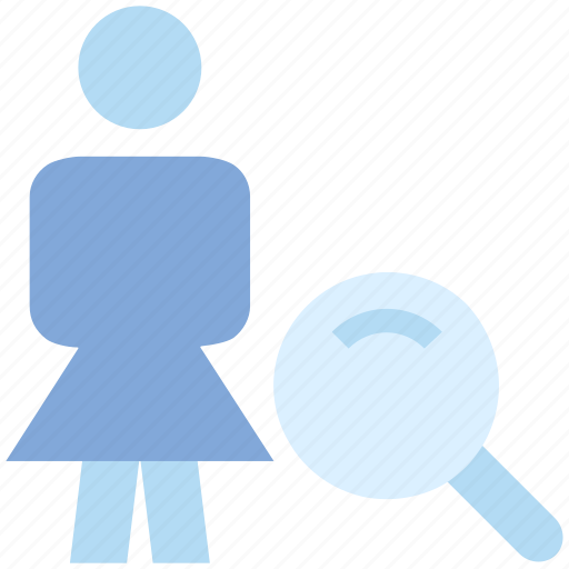 Female, find, magnifier glass, people, person, stand, user icon - Download on Iconfinder