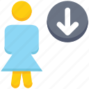 down arrow, downloading, female, people, person, stand, user