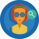 search, woman, testimonial, people, character, person, avatar, team, team member, magnifier, girl, user 