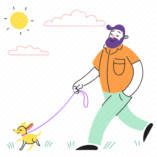 Leash, outdoor, pet, sun, walking, dog, man illustration - Download on Iconfinder