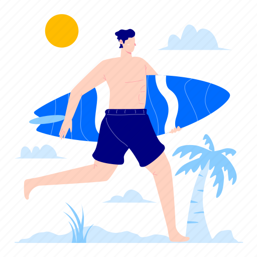 Beach, run, surfing, summer, vacation illustration - Download on Iconfinder