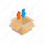 arrow, blue, box, cardboard, container, isometric, red 