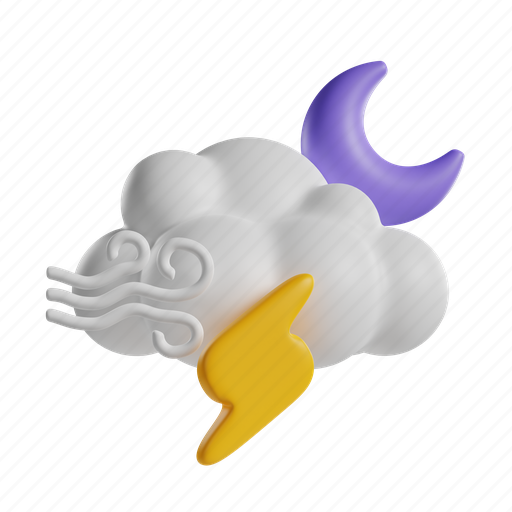 Windy, lightning, night, cloud, rain, rainy, moon 3D illustration - Download on Iconfinder
